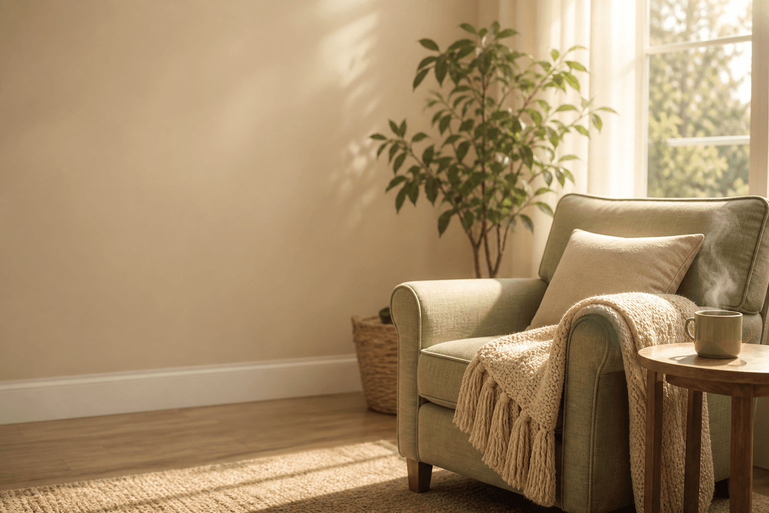 A sunlit cozy living room corner with an armchair, blanket, and warm tea